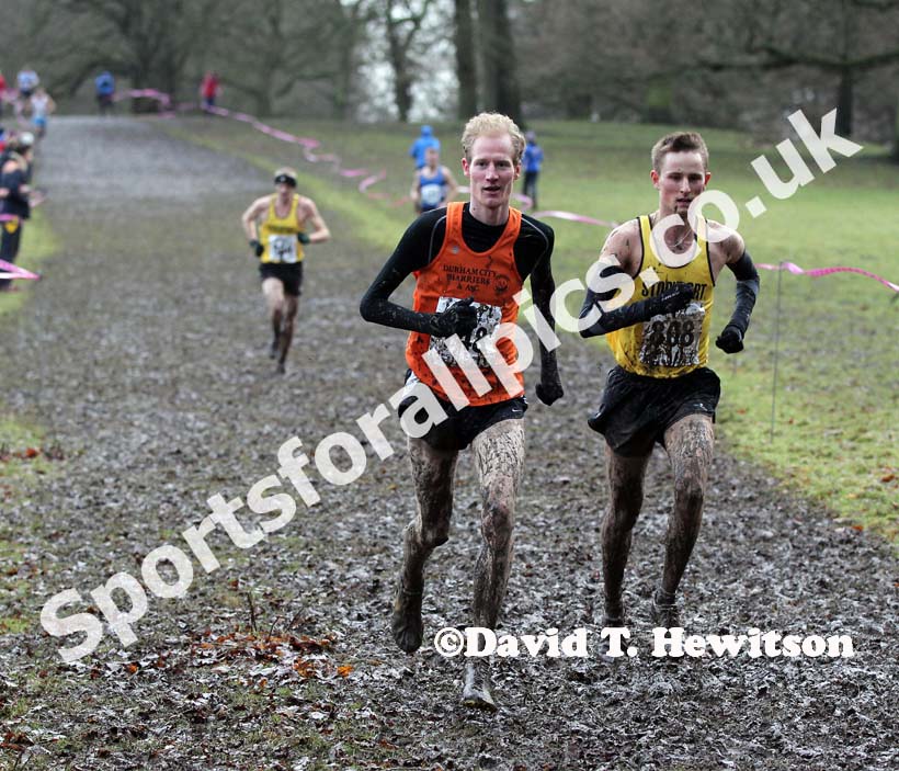 Dan Garbutt (Durham City) and Jack Martin (Stockport) during the senior mens Northern Cross Country Champs, Knowsley Safari Park. Photo: David T. Hewitson/Sports for All Pics